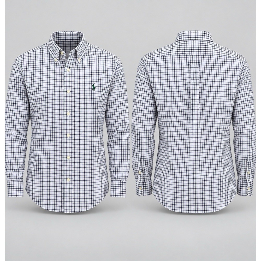 Ralph Lauren Golf shirt Men's M Navy White Plaid Tilden 100% Cotton Button Down